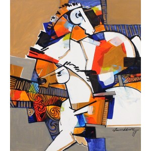 Mashkoor Raza, 36 x 30 Inch, Oil on Canvas, Horse Painting, AC-MR-425